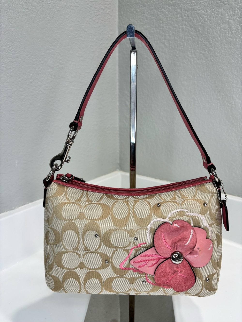 Coach Beige Signature Canvas Small Shoulder Bag with Pink Suede Floral Appliqué